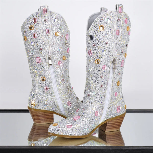 Trendy Sparkle Rhinestone Mid Calf Western Boots