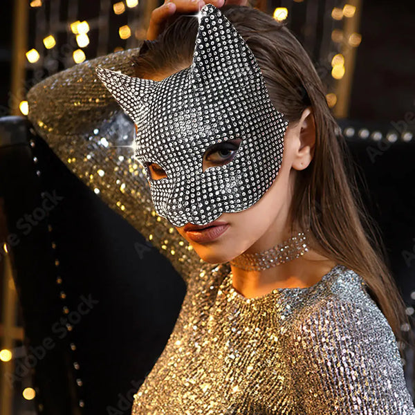 Trendy Cat Inspired Rhinestone Mask Gloves Set