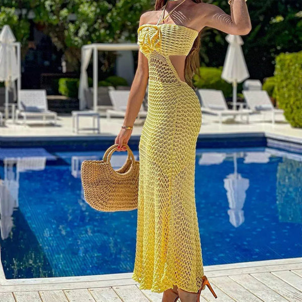 Trendy Knitted Maxi Floral Hollow Out Dress