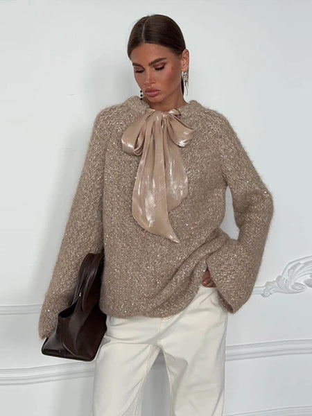 Trendy  Pullover  Loose  Lace Up Bow Sweater