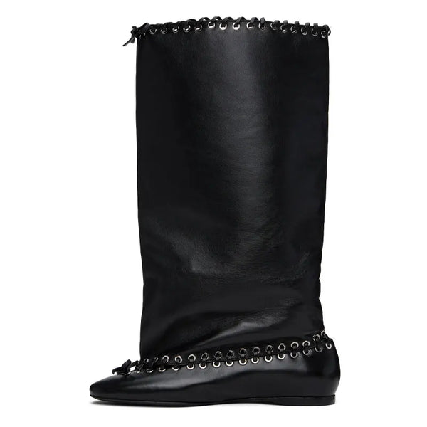 Trendy Wide Knee High Cross Tied Flat Sole Boots