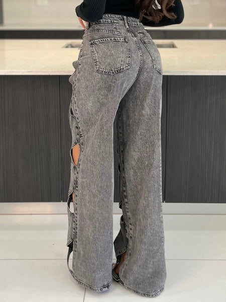 Trendy Hollow Out High Waist Patchwork Wide Leg Jeans - TrendsetterbyTracy Boutique