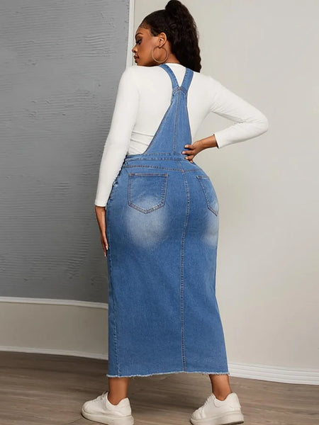 Trendy Plus Size Denim Overall Jean Dress With Front Slit