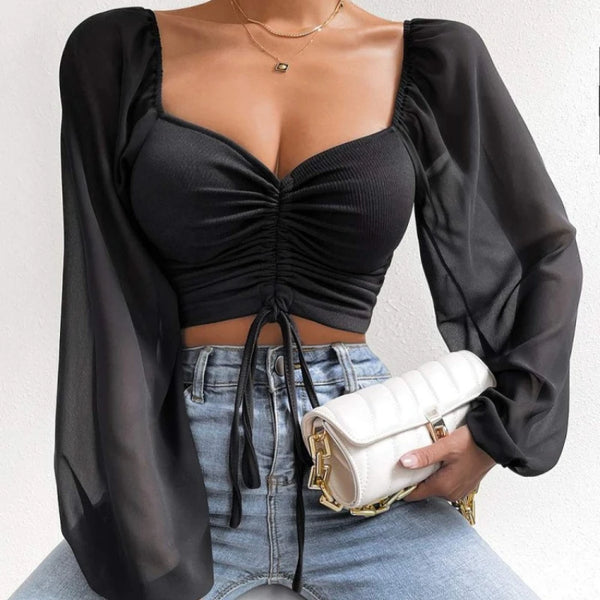 Trendy Mesh Drawstring Long Sleeve Blouse