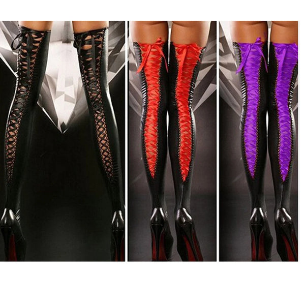 Trendy High Patent Leather Lace Up Stockings