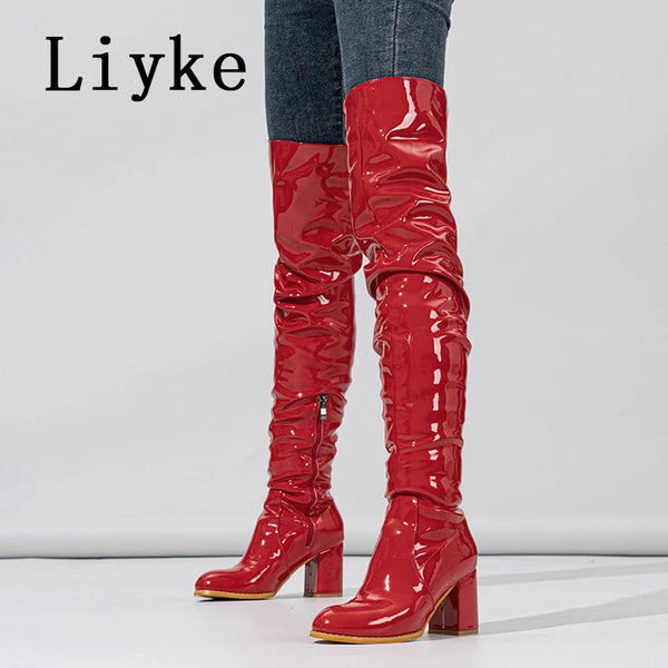 Trendy Thigh High Patent Leather Knee High Boots