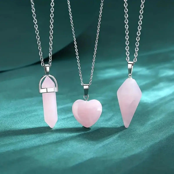 Trendy 3pcs Rose Quartz Necklaces Pendants Set