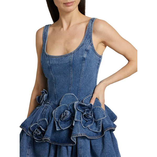 Trendy Floral Denim Mini Party Halter Dress