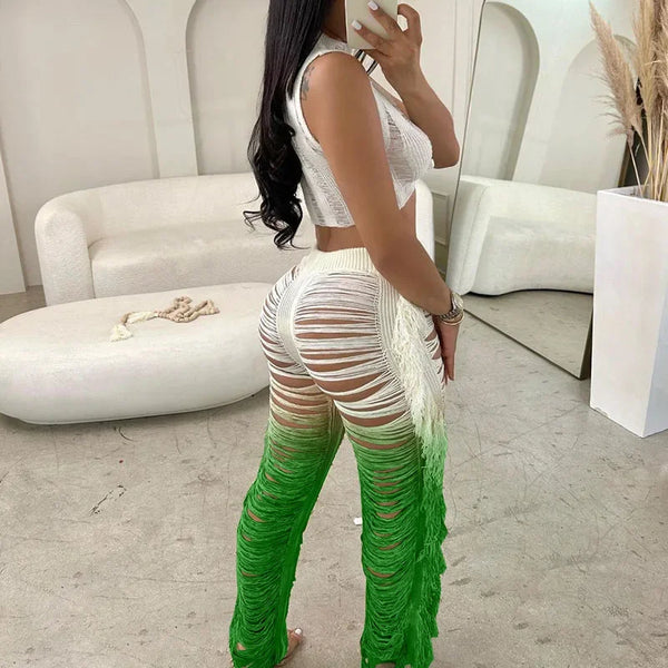Trendy Transparent Crochet Crop Top And Bottom Set