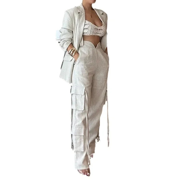 Trendy Business Casual Cargo Flare Pants And Blazer Set