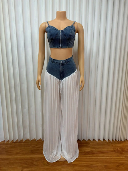 Trendy Mesh Pleated Denim Wide Pants and Top Set