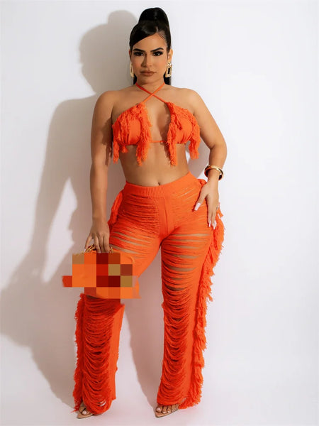 Trendy Crochet Tassel Two Piece Halter Crop And Pants Set