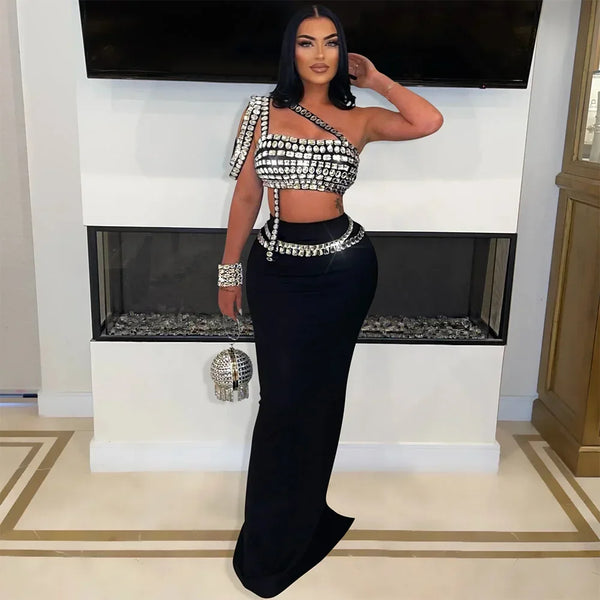 Trendy Bedazzled Gems Crop Top And Long Skirt Set