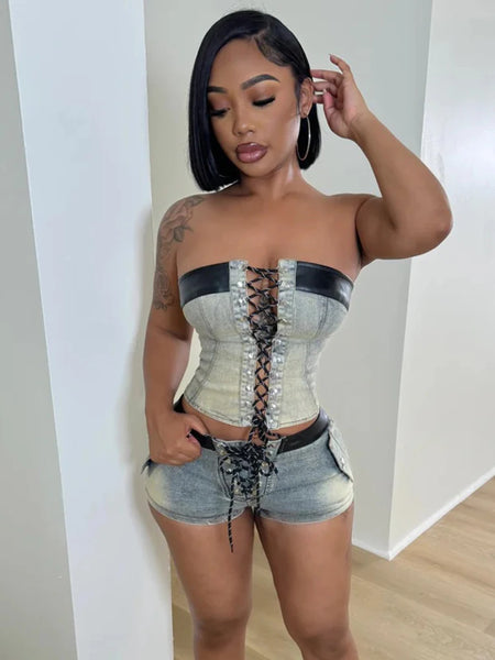Trendy Denim Faux Leather Crop Top And Shorts Set