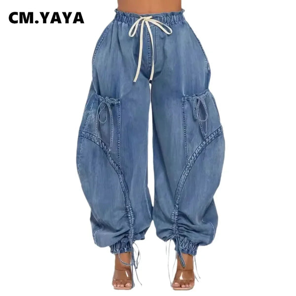 Trendy Bow Cargo Blue Denim Pants