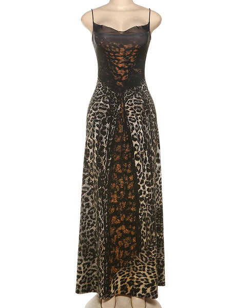 Trendy Draped Lace Backless Leopard Print Dress