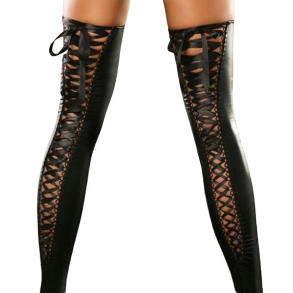 Trendy High Patent Leather Lace Up Stockings