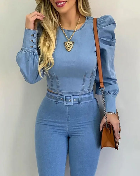 Trendy Puff Sleeve Denim Corset Top