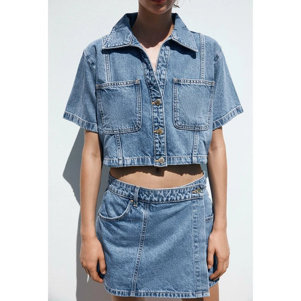 Trendy Denim Scooter Skirt  With Retro Crop Top