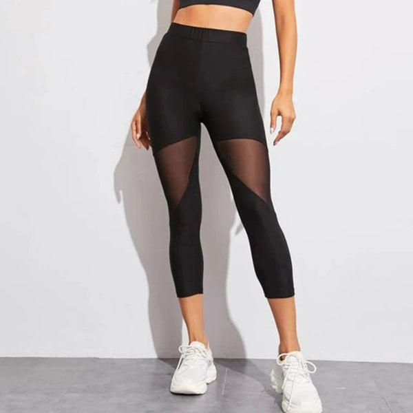 Trendy Black Mesh Patchwork Capri Leggings