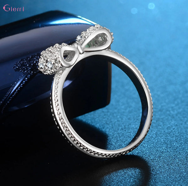 Trendy Sterling Silver Bowknot Cubic Zirconia Rhinestone Ring
