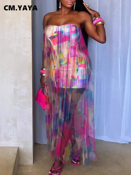 Trendy Tie Dye Print Strapless Mesh Maxi Dress