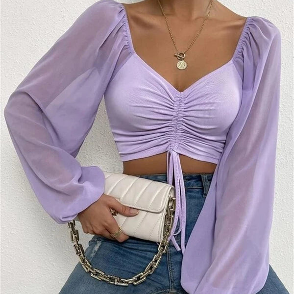 Trendy Mesh Drawstring Long Sleeve Blouse