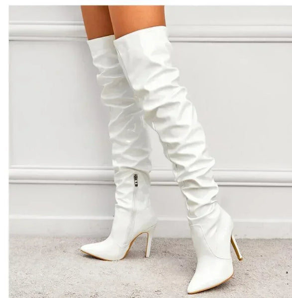 Trendy Over The Knee Pointed Patent Faux Leather Heel Boots