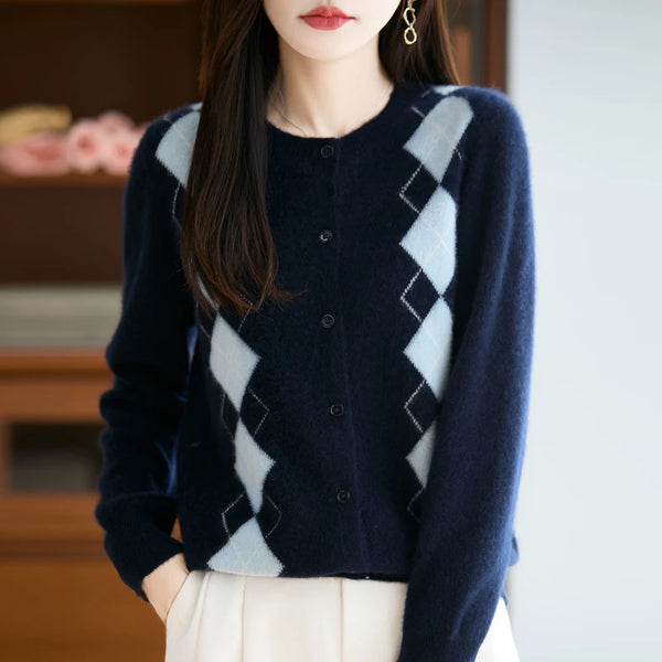 Trendy Merino Wool O-neck Diamond Grid Cardigan Sweater