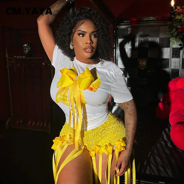 Trendy Fashion Bow Print Laced Shirt and Shorts Set