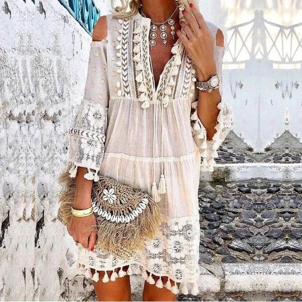Trendy Crochet Lace Off The Shoulder Boho Dress
