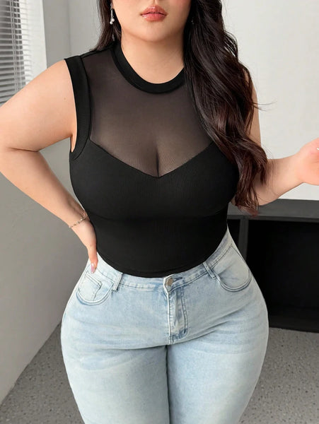 Trendy Plus Size Black Sleeveless Mesh Top