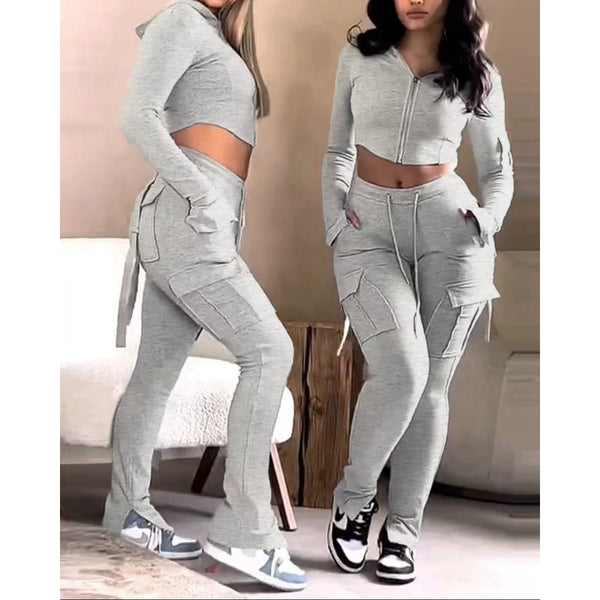 Trendy Hooded Casual Crop Jacket And Pants Set