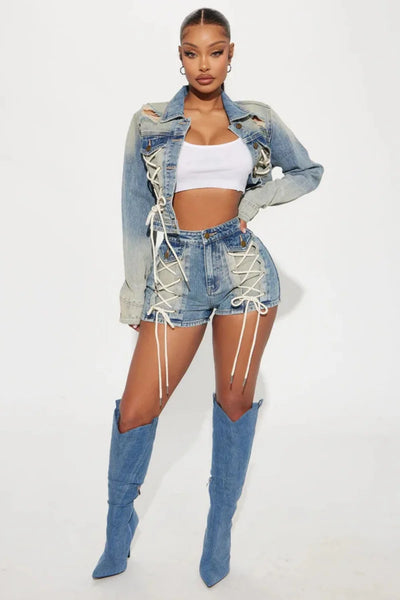 Trendy Denim Bandage Shorts And Crop Top Jacket Set