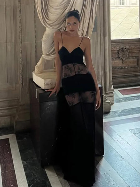 Trendy Black Lace Floral Patchwork Maxi Style Dress