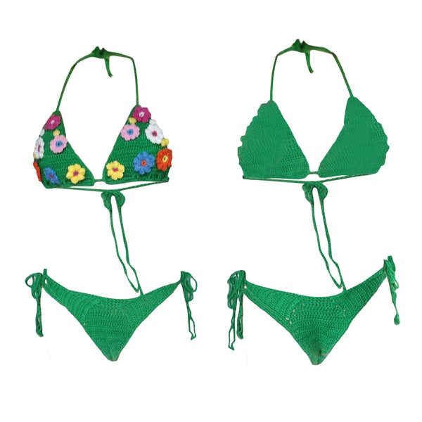 Trendy 3D Floral Knitted Crochet Bikini Swimsuit Set