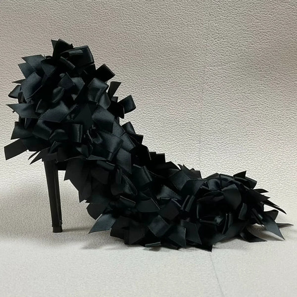 Trendy Black Satan Butterfly Knot High Heel Pumps