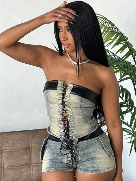 Trendy Denim Faux Leather Crop Top And Shorts Set