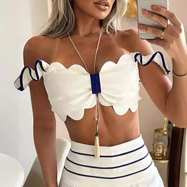 Trendy White / Black Lace Crop Top Design And Pants Set