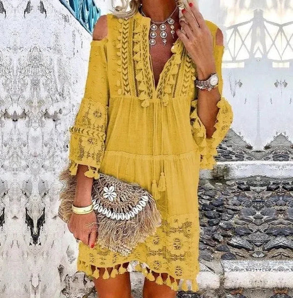 Trendy Crochet Lace Off The Shoulder Boho Dress