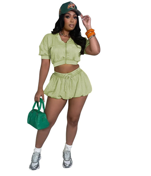 Trendy Short Crop Top Jacket With Lantern Mini Skirt