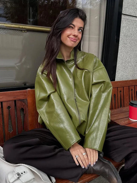 Trendy Green  Biker Leather Jacket and Skirt Set