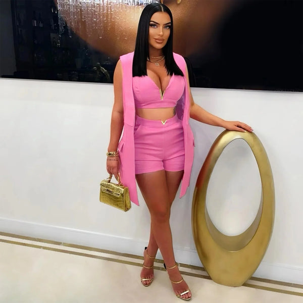 Trendy Three Piece Blazer With Corset Bra And Shorts Set
