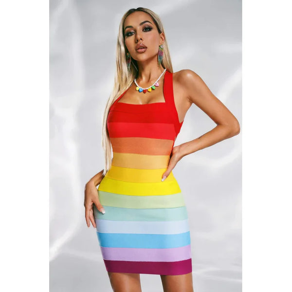 Trendy Rainbow Bandage Strap Party Dress