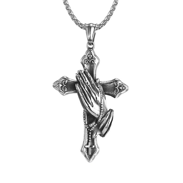 Trendy Stainless Steel Praying Hands On Cross Necklace