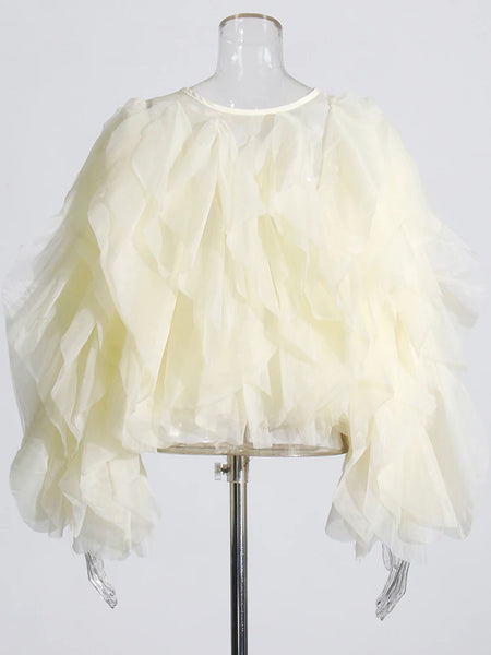Trendy Lantern Mesh Ruffle Blouse