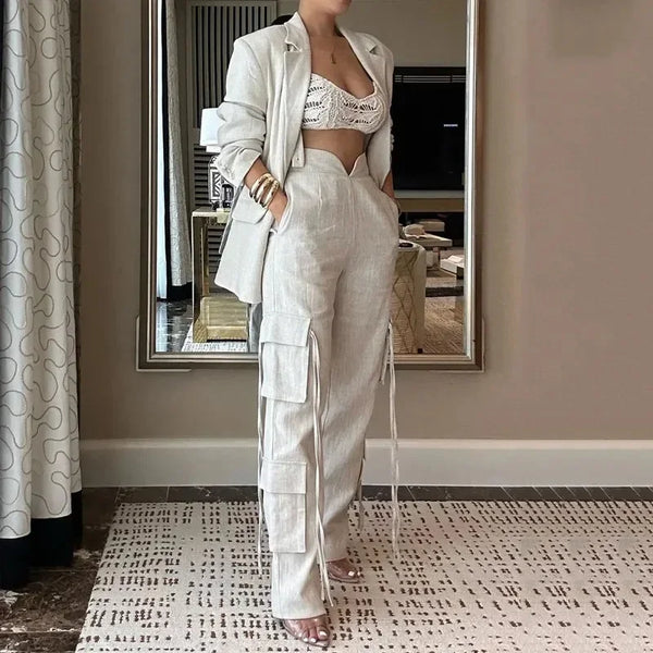 Trendy Business Casual Cargo Flare Pants And Blazer Set