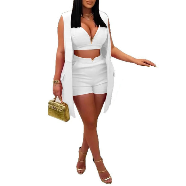 Trendy Three Piece Blazer With Corset Bra And Shorts Set