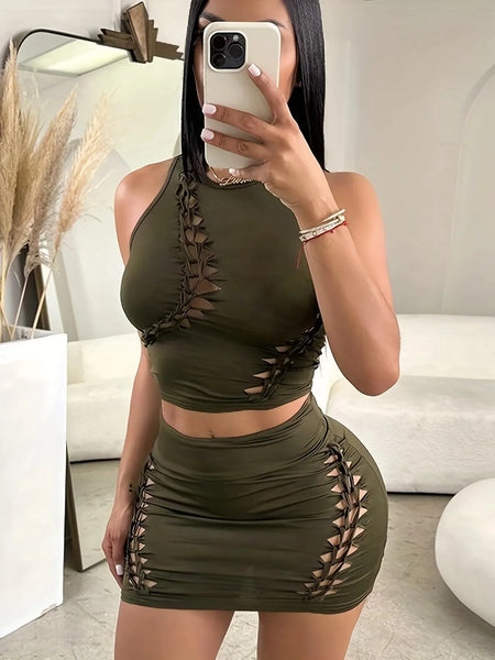 Trendy Rugged Hollow Out Skirt And Crop Top Set