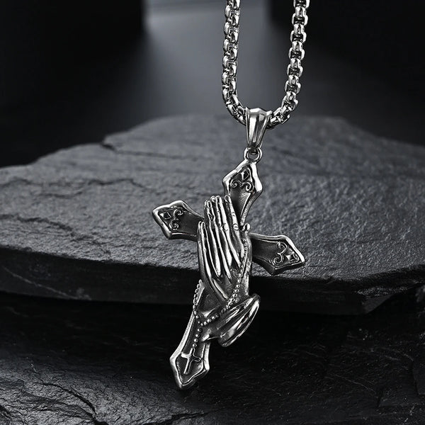 Trendy Stainless Steel Praying Hands On Cross Necklace